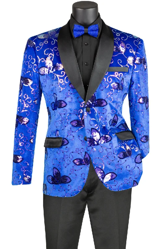 Mens Slim Fit Velvet Paisley Sequin Floral Prom Dinner Jacket in Royal Blue Tailored Tailored