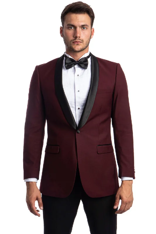 Men's One Button Shawl Lapel Dinner Jacket in Burgundy & Black Sharp Men's Italian Sharp Men's Italian