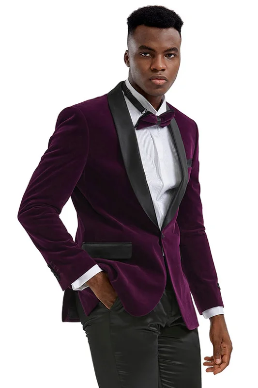 Men's Slim Fit Shawl Lapel Velvet Wedding & Prom Tuxedo Jacket in Purple Gym Gym