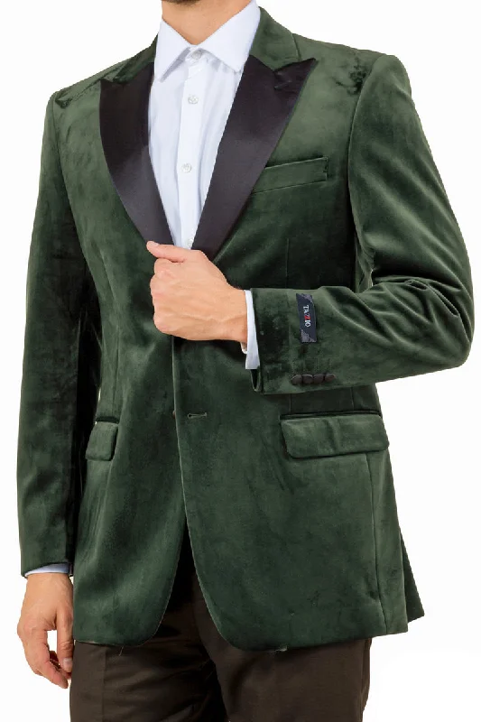 Men's Two Button Peak Lapel Velvet Wedding & Prom Tuxedo Jacket in Olive Green Elegant Men's Formal  Elegant Men's Formal 