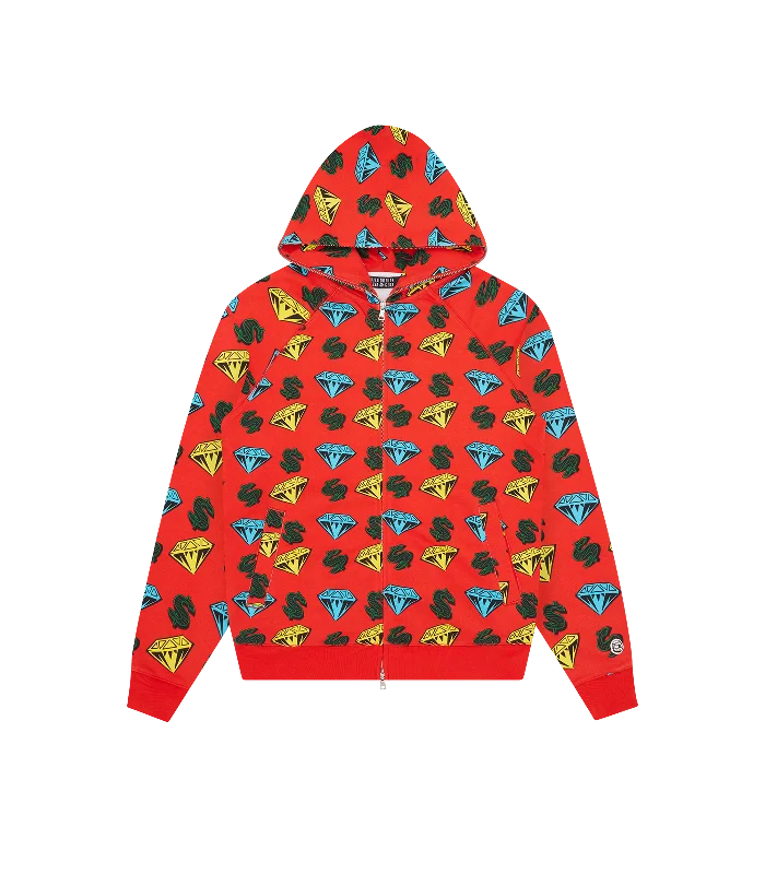 DIAMONDS & DOLLARS ZIP THROUGH HOOD - RED Relaxed Men's Beach Relaxed Men's Beach