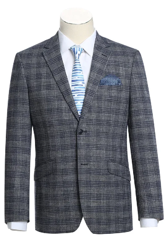 Mens Two Button Slim Fit Sport Coat Blazer in Charcoal Grey & Blue Windowpane Plaid Luxurious Men's High Luxurious Men's High