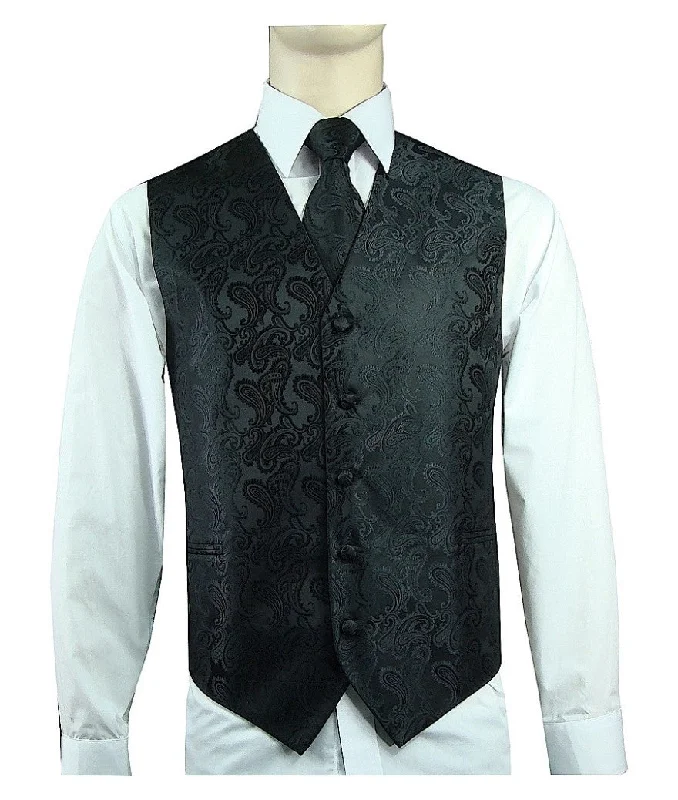 Men's 20-1 Microfiber Paisley Vest, Tie & Hanky - Black Luxurious Men's High Luxurious Men's High