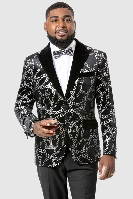 Mens Modern Velvet Chain Link Design Tuxedo Blazer with Velvet Lapel in Black Lumberjack Lumberjack