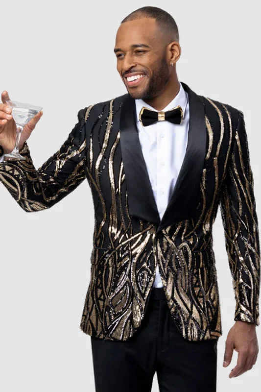 Mens Square Shawl Lapel Black & Gold Sequin Prom Tuxedo Jacket Cool Men's Skate Cool Men's Skate