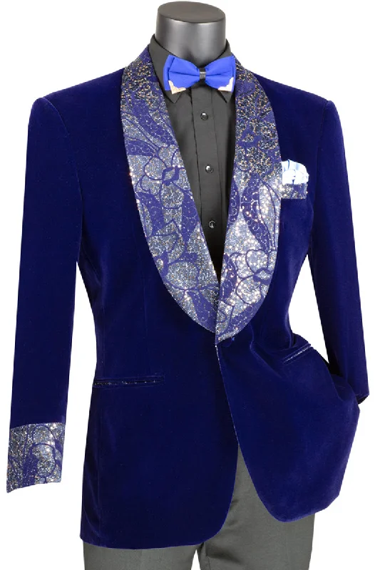 Mens Velvet Prom Smoking Jacket with Fancy Paisley Glitter Lapel and Cuff in Royal Blue Cool Men's Distressed Cool Men's Distressed