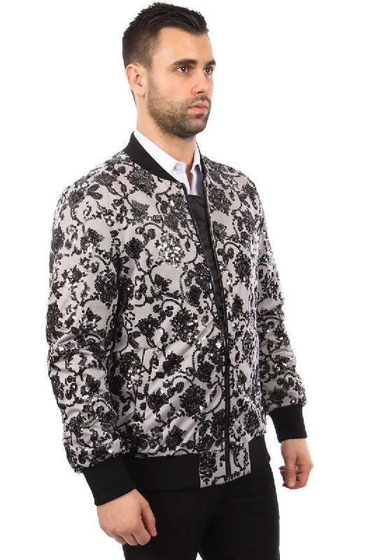 Men's Paisley Sequin Bomber Jacket in Grey & Black Modern Men's  Modern Men's 