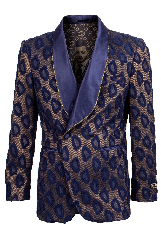 Men's Double Breasted Cheetah Print Tuxedo Dinner Smoking Jacket in Navy & Gold Refined Men's European Refined Men's European