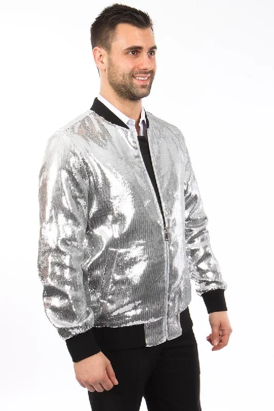 Men's Shiny Sequin Bomber Jacket in Silver Bold Men's Statement Bold Men's Statement