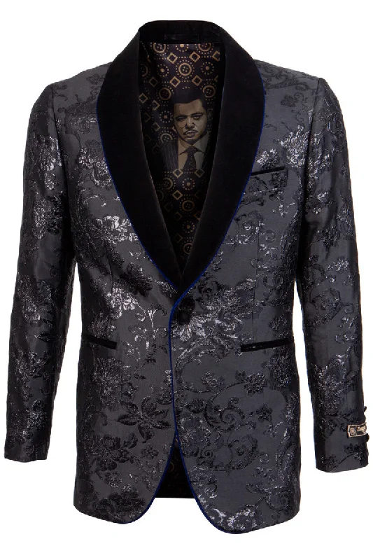 Men's Velvet Shawl Lapel Paisley Prom Tuxedo Jacket in Navy with Blue Trim Beach Beach