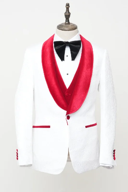 Men's Vested White Paisley Wedding & Prom Tuxedo with Burgundy Velvet Lapel Traditional Men's Wool Traditional Men's Wool