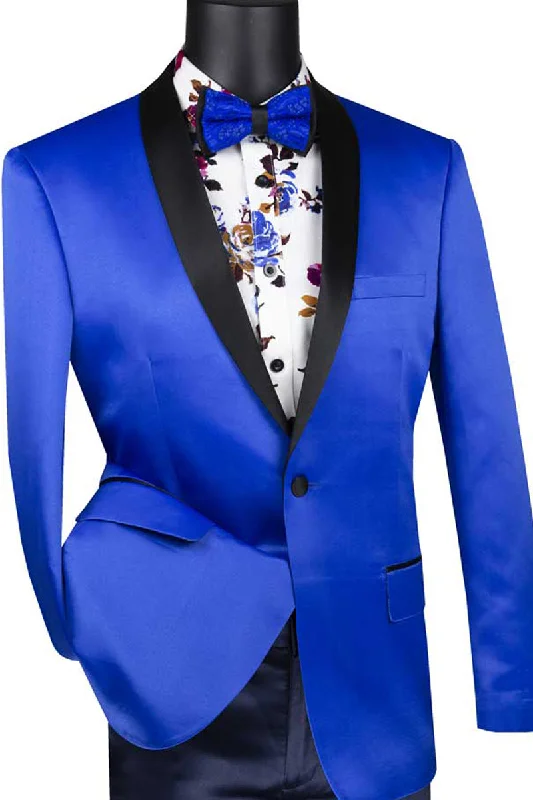 Mens Slim Fit One Button Shiny Satin Tuxedo Jacket in Royal Blue Casual Men's Short Casual Men's Short