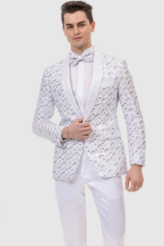 Mens Moder Silver Sequin Swirl Prom Tuxedo Jacket in White Stylish Men's Tropical  Stylish Men's Tropical 