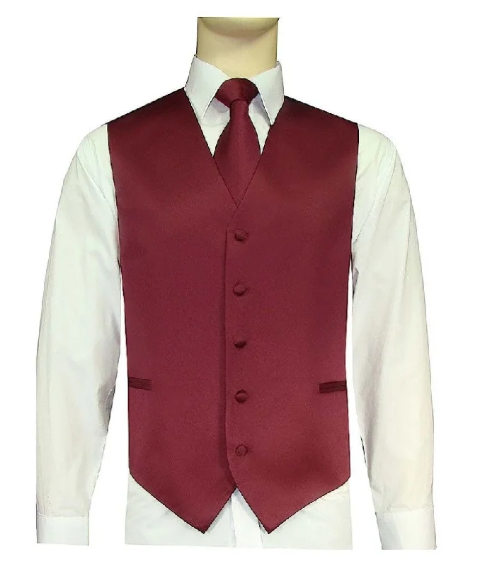 Men's Satin 10-1 Solid Vest, Tie & Hanky - Wine Burgundy Vacation Vacation