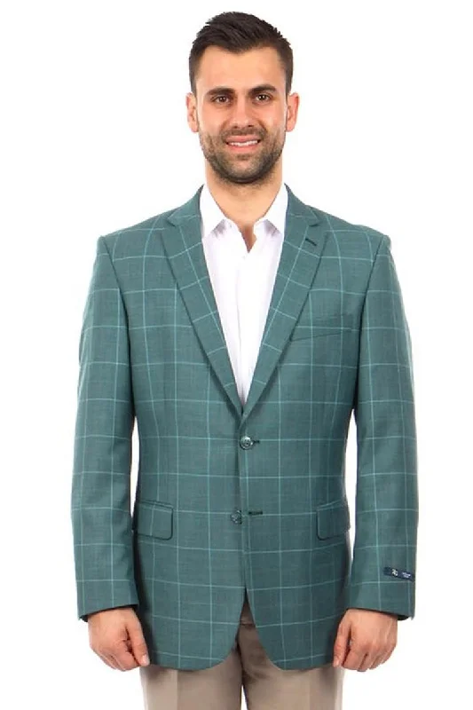 Men's Two Button Windowpane Plaid Sport Coat in Summer Green Elegant Men's Cashmere Elegant Men's Cashmere