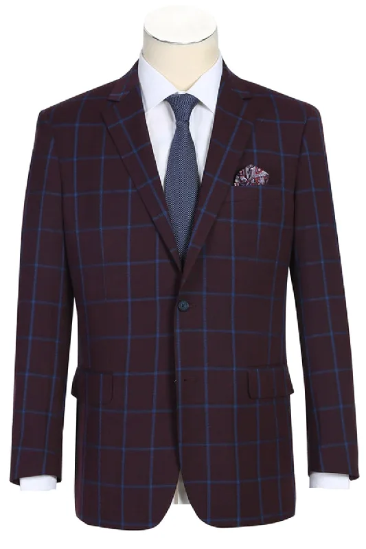 Mens Two Button Slim Fit Sport Coat Blazer in Burgundy & Blue Windowpane Plaid Gym Gym