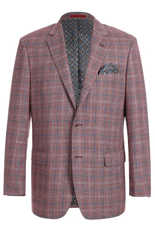 Mens Two Button Classic Fit Sport Coat Blazer in Burgundy Red Windowpane Plaid Tough Men's Tactical Tough Men's Tactical