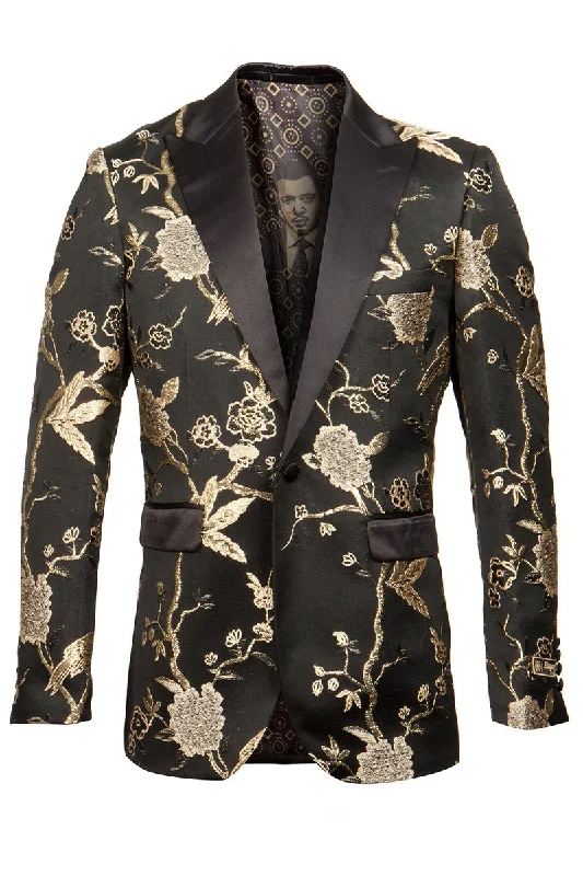 Men's Shiny Floral Satin Print Prom & Wedding Tuxedo Jacket in Black & Gold Traditional Men's Country Traditional Men's Country