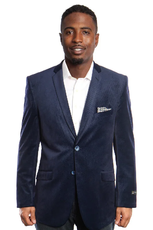 Men's Two Button Diagonal Weave Velvet Blazer in Navy Blue Artistic Men's Hand Artistic Men's Hand