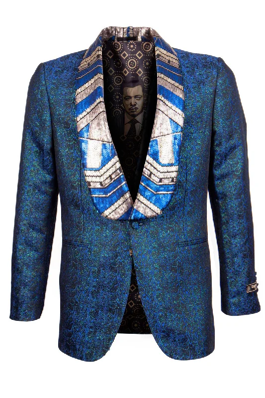 Men's Shiny Metallic Print Tuxedo Jacket with Egyptian Design Sequin Lapel in Navy Masculine Men's Thick Masculine Men's Thick