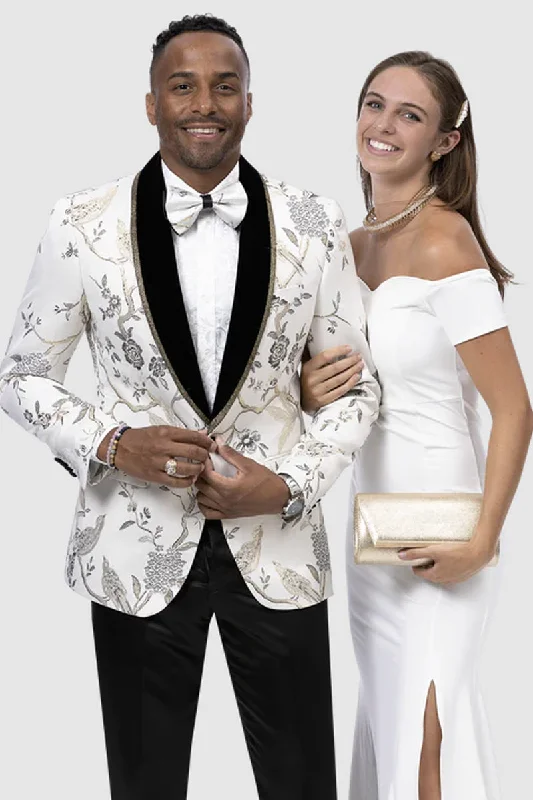 Mens One Button White & Gold Tree Pattern Wedding Tuxedo Dinner Jacket Vacation Vacation