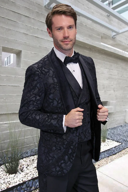 Men's Designer Vested Wedding & Prom Smoking Jacket Paisley Tuxedo with Velvet Lapel in Black Cozy Men's Winter Cozy Men's Winter