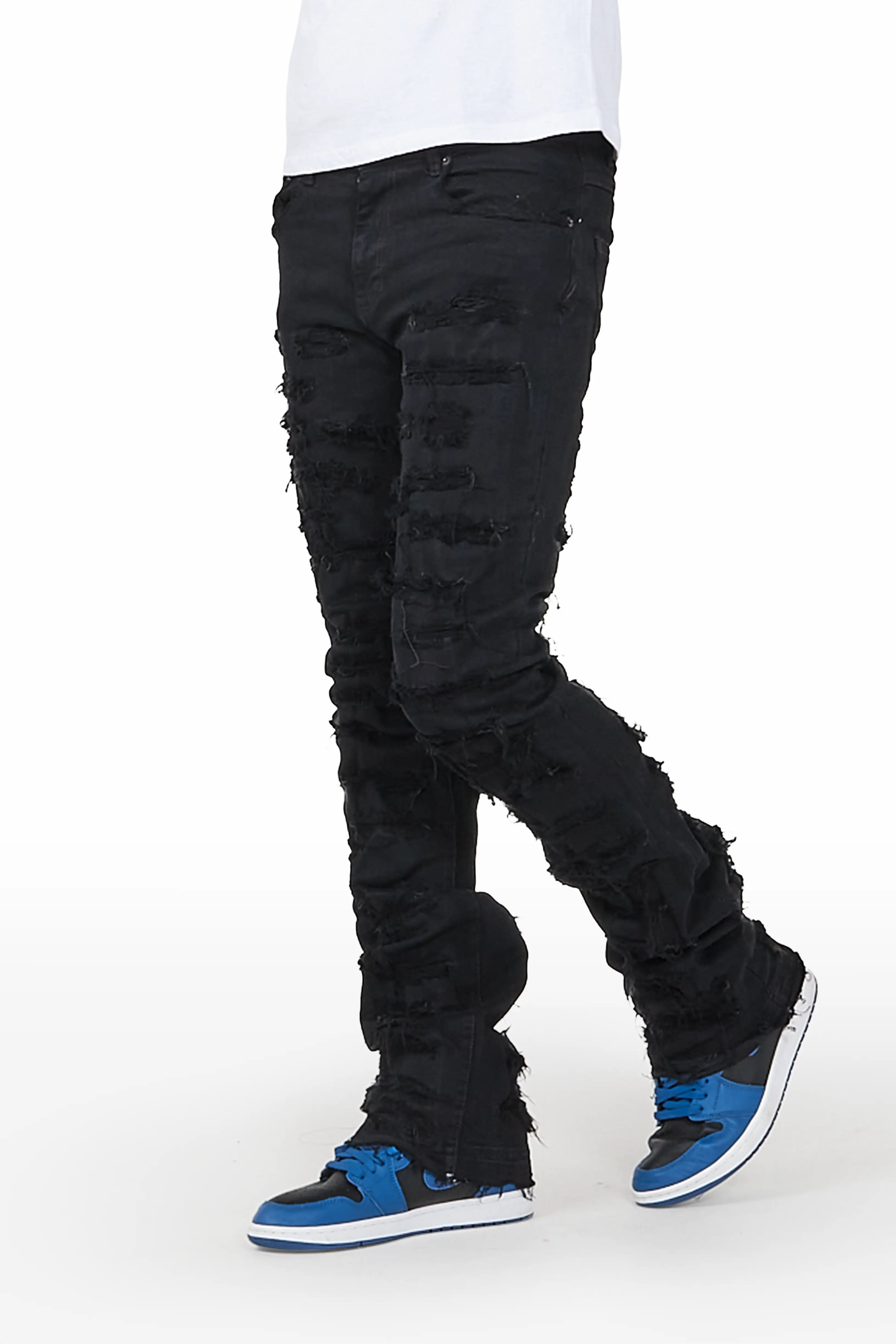 Malyk Jet Black Stacked Flare Jean Streetwear Style