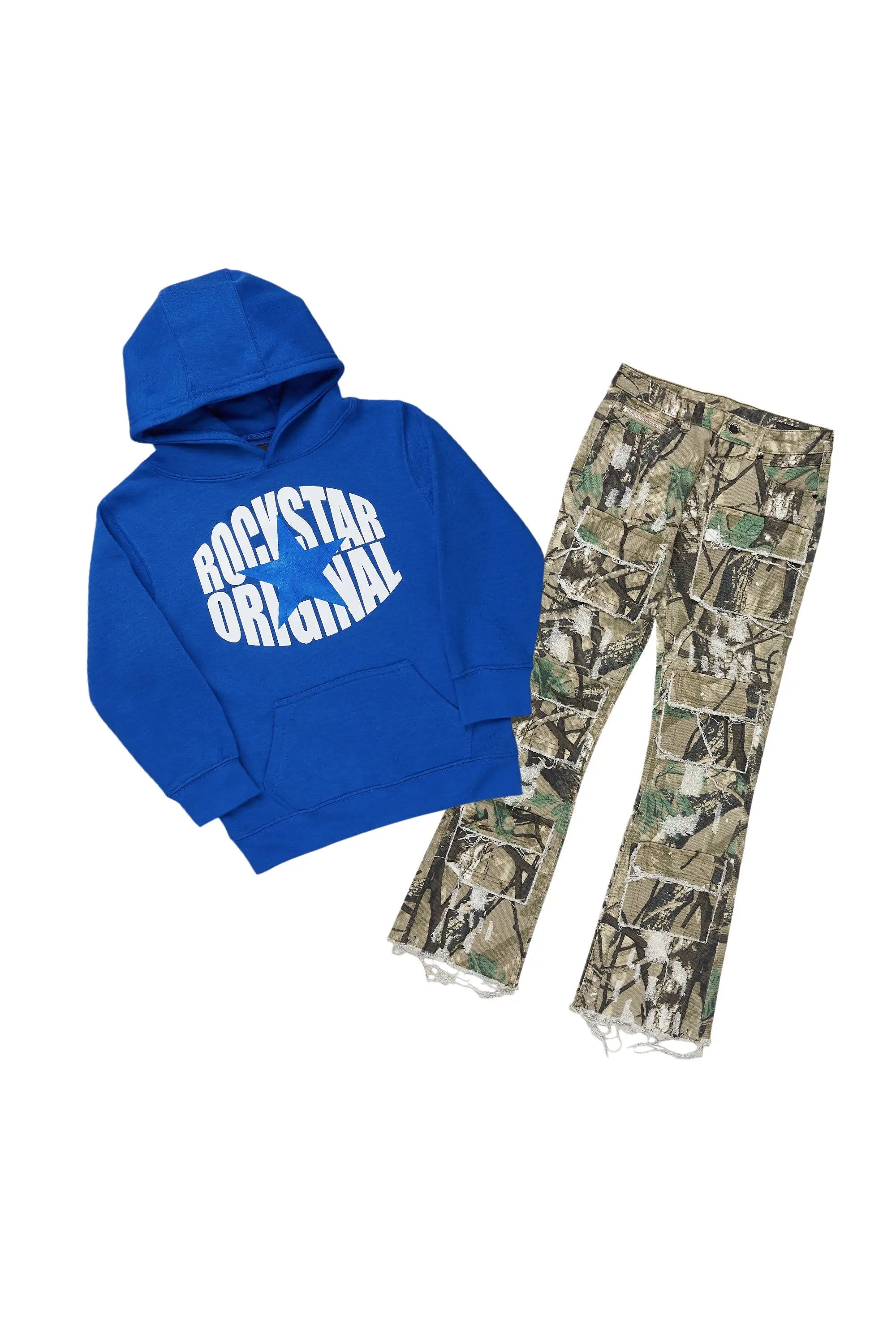 Boys Ezry Tree Camo/Royal Hoodie/Stacked Flare Jean Set Modern Men's Geometric