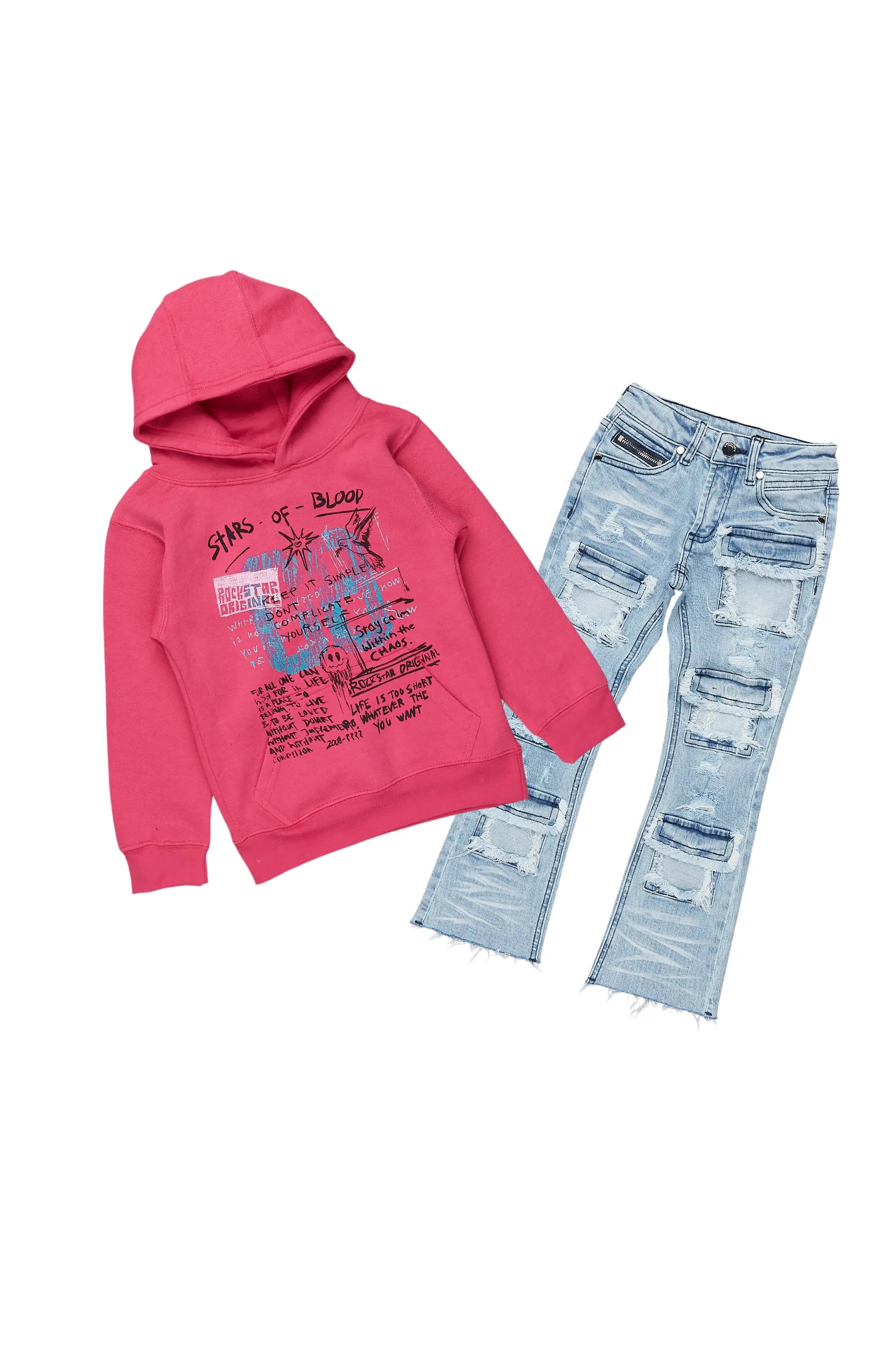 Girls Addie Pink/Blue Hoodie/Stacked Flare Jean Set Youthful Men's Anime