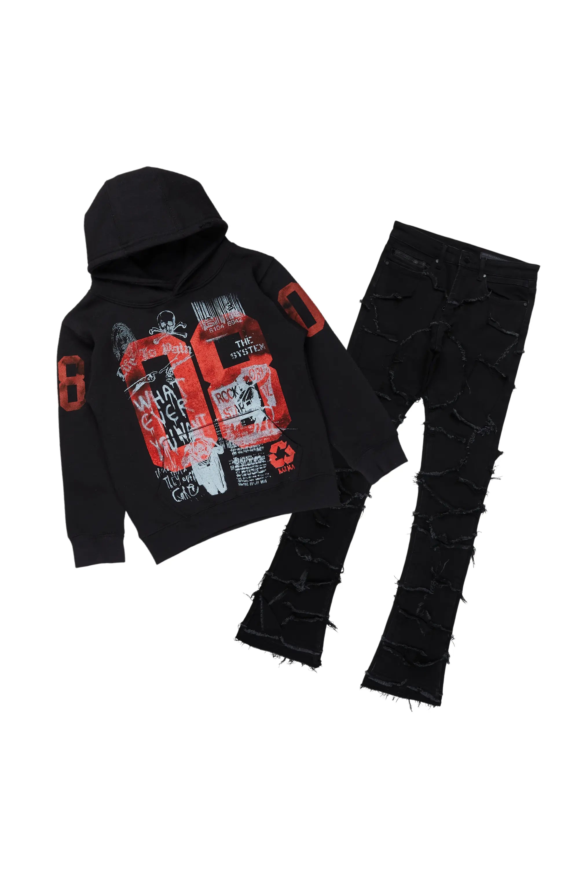 Boys Beni Black Hoodie/Stack Flare Jean Set Tough Men's Military