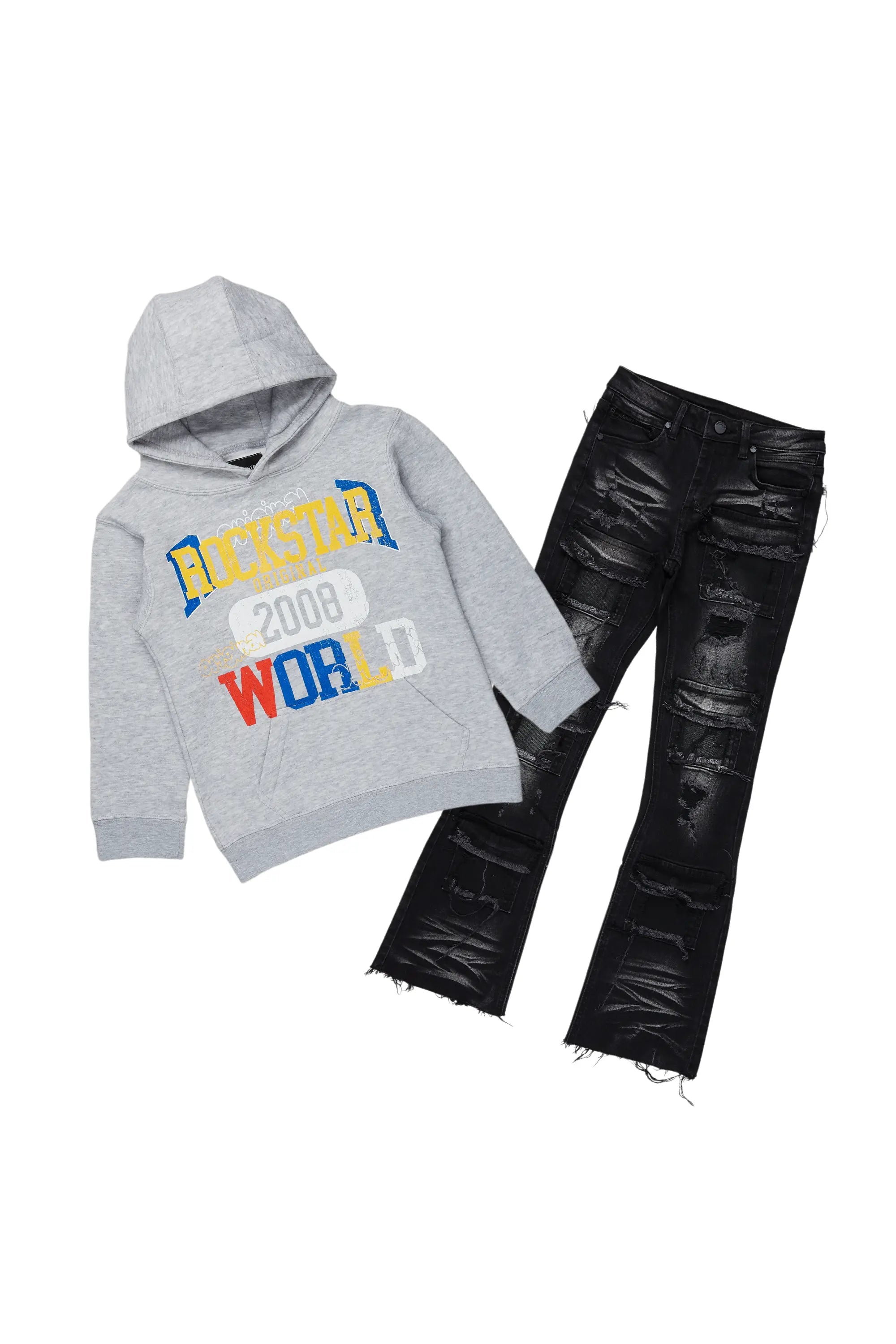 Boys Daria Grey Hoodie/Stack Flare Jean Set Masculine Men's Thick