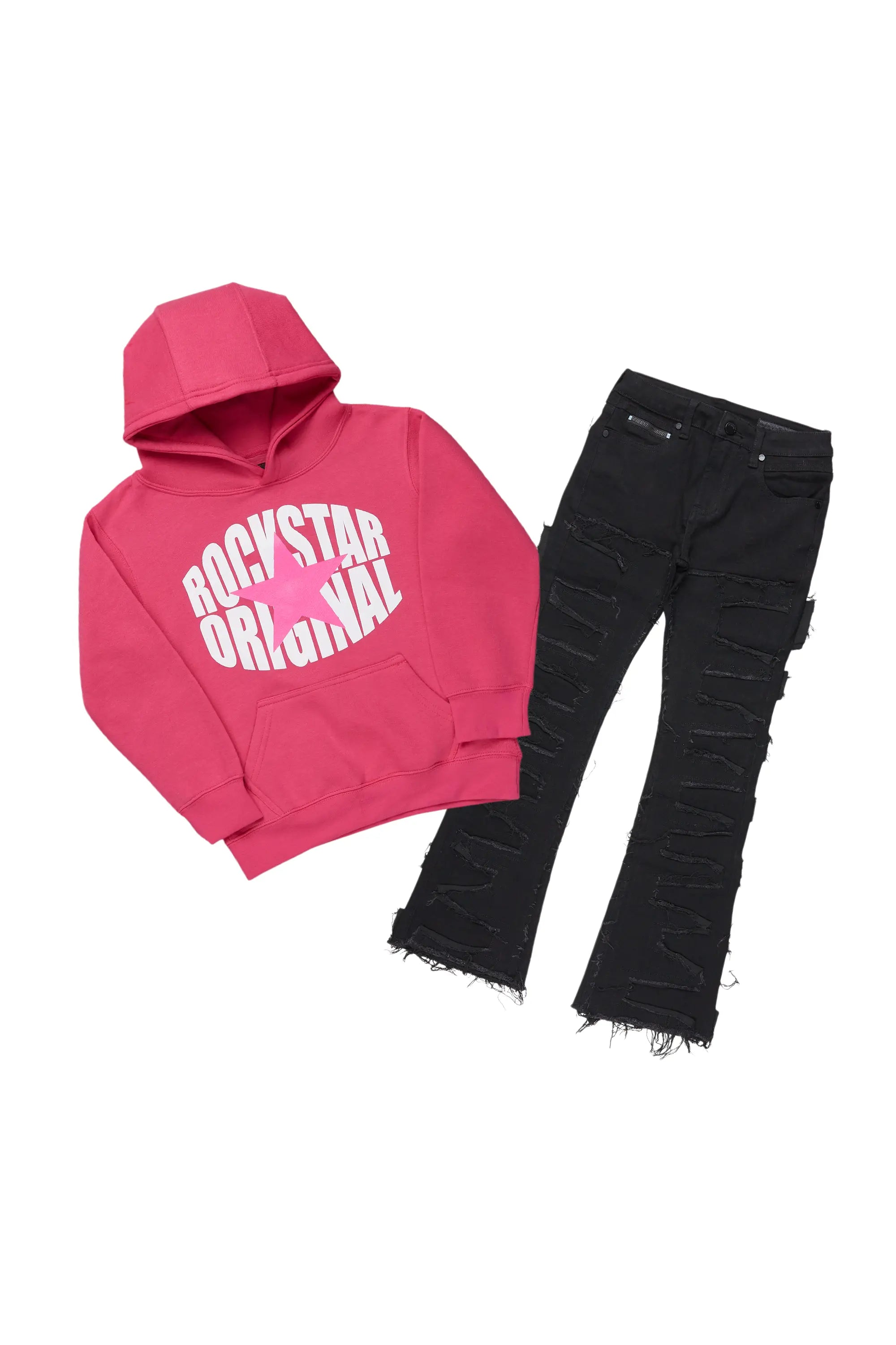 Girls Lucia Pink/Black Hoodie/Stacked Flare Jean Set Polished Men's Satin