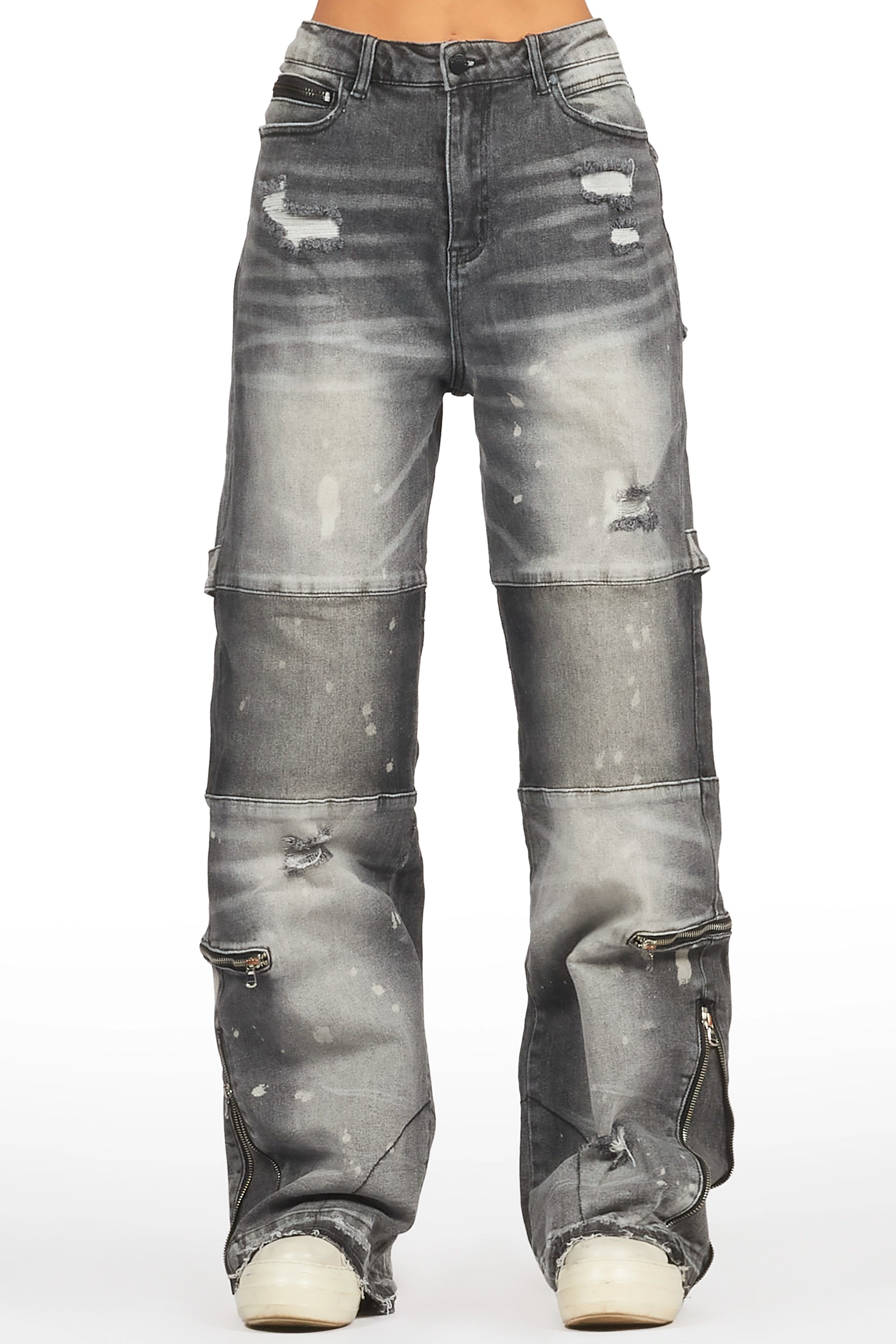 Jordin Grey Wash Baggy Cargo Jean Unique Men's Patch