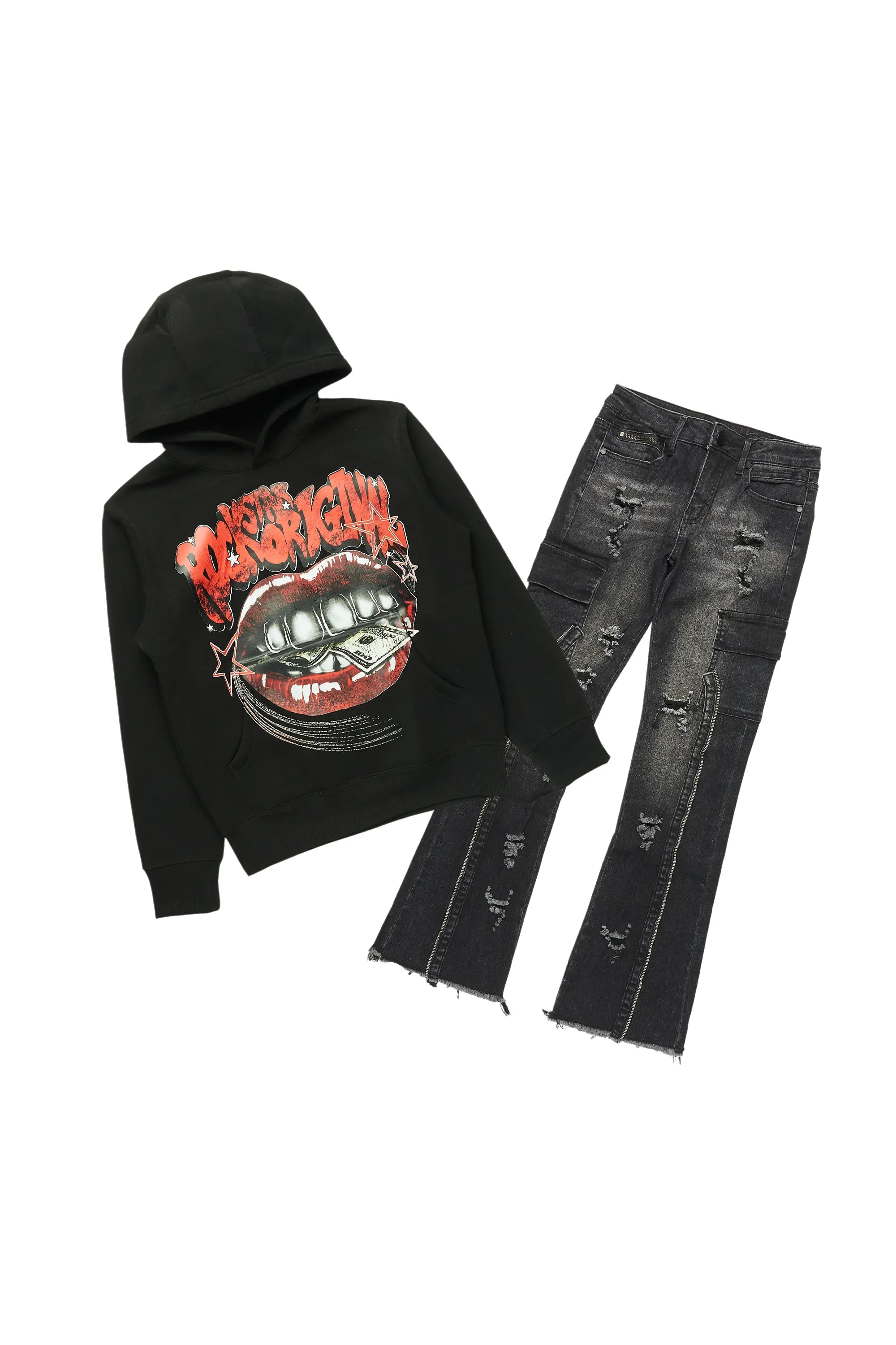 Boys Bloke Black Hoodie/ Stacked Flare Jean Tailored