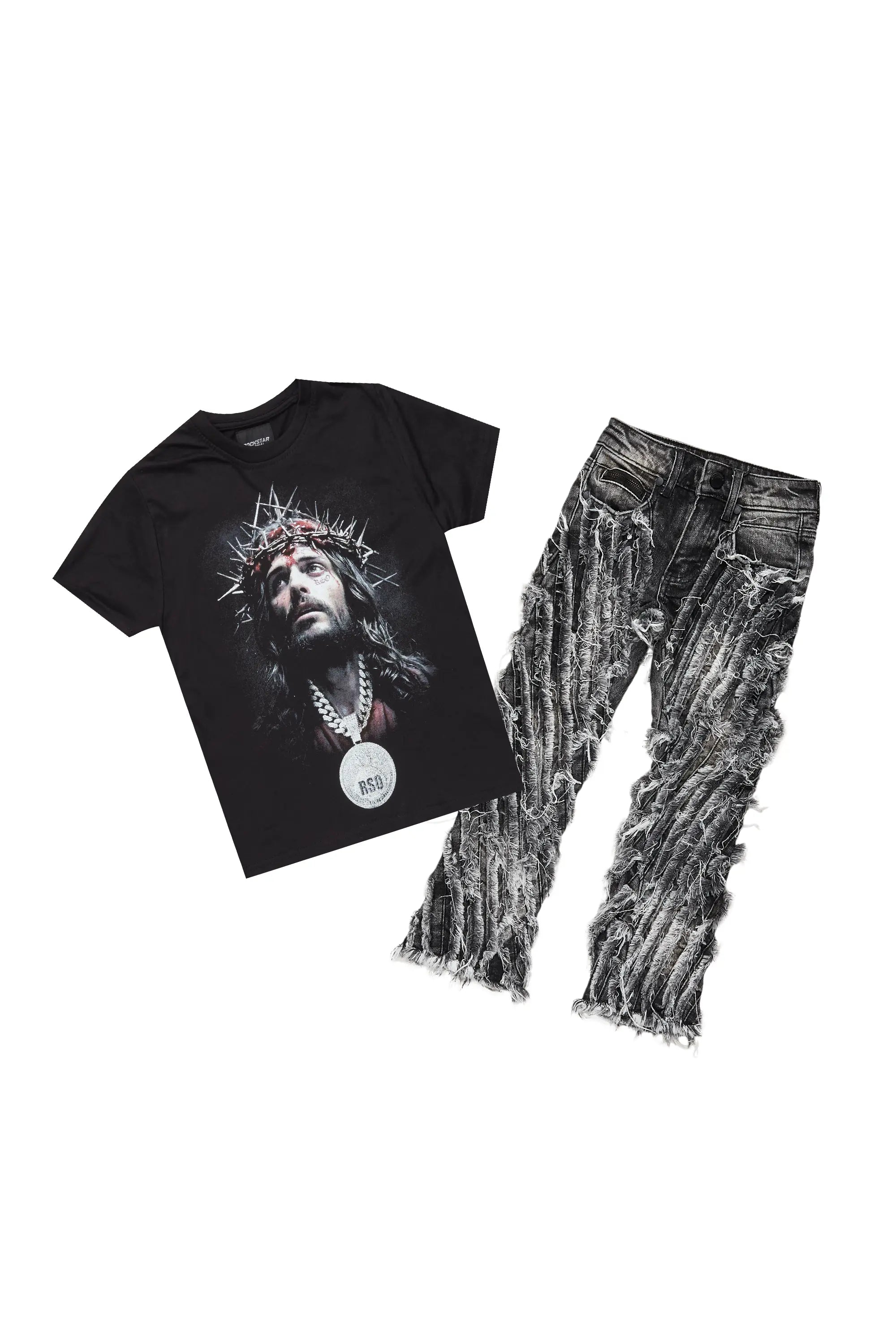 Boys Amina Black T-Shirt/Stack Flare Jean Set Dapper Men's 1920S