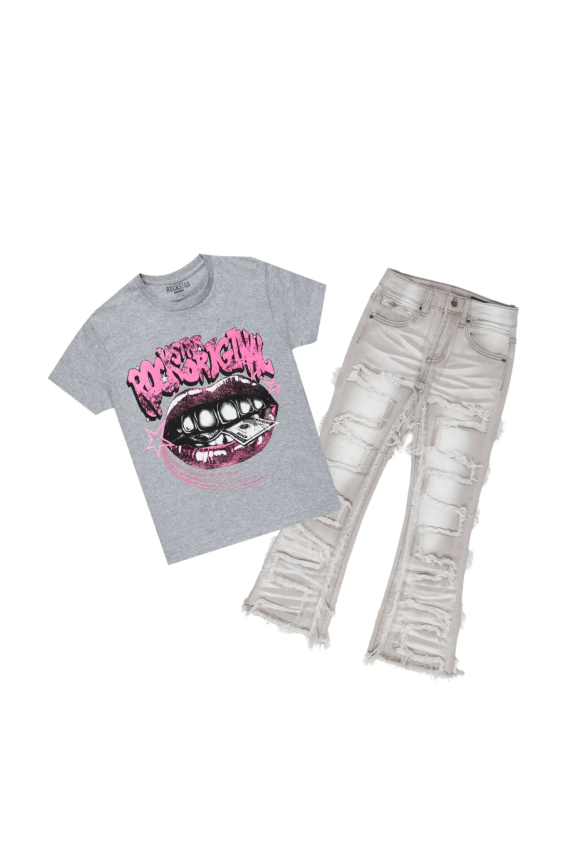 Girls Rosie Grey T-Shirt/Stacked Flare Jean Set Sleek Men's Contemporary 