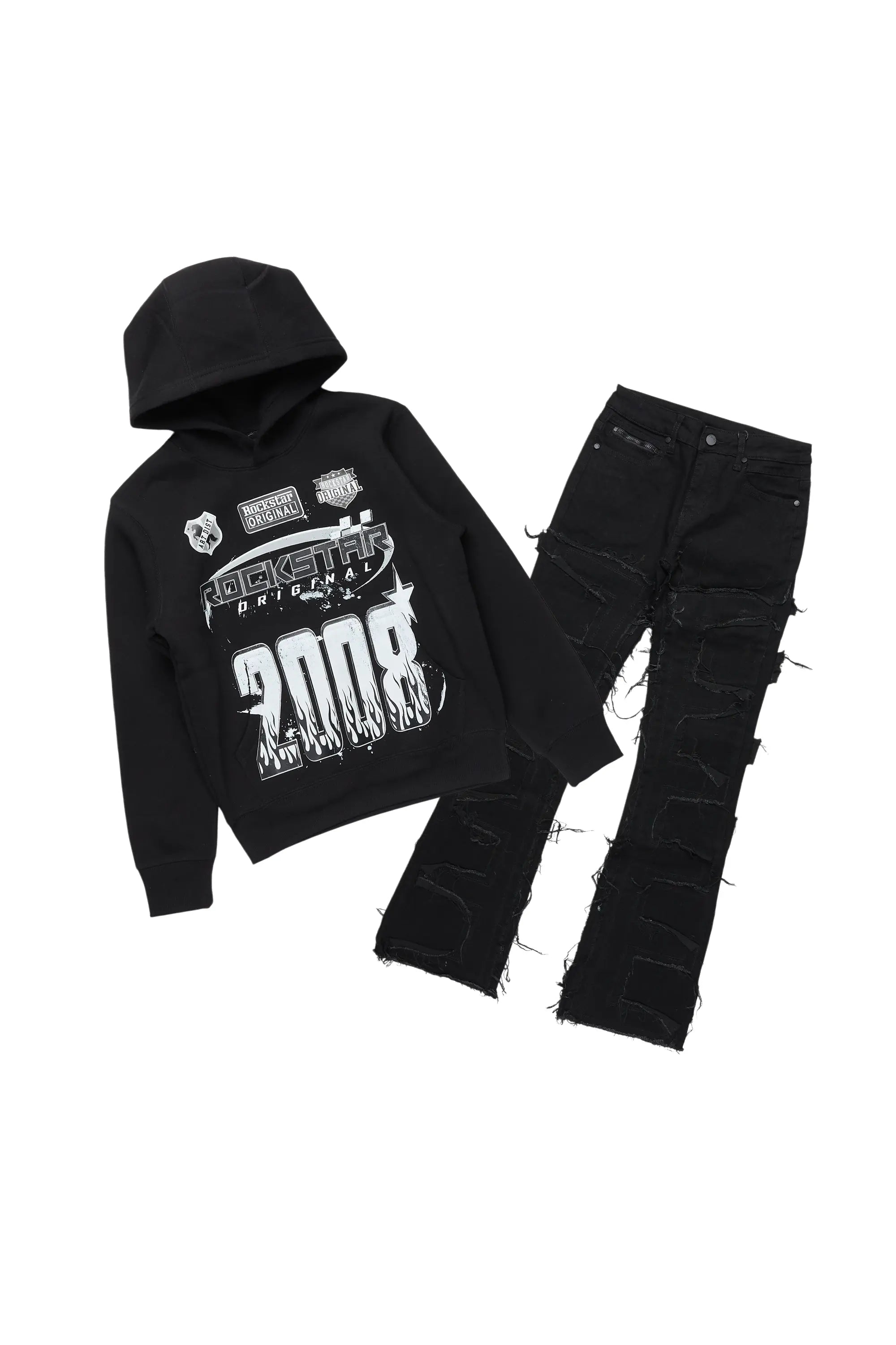 Boys Amos Black Hoodie/ Stacked Flare Jean Refined Men's Hand