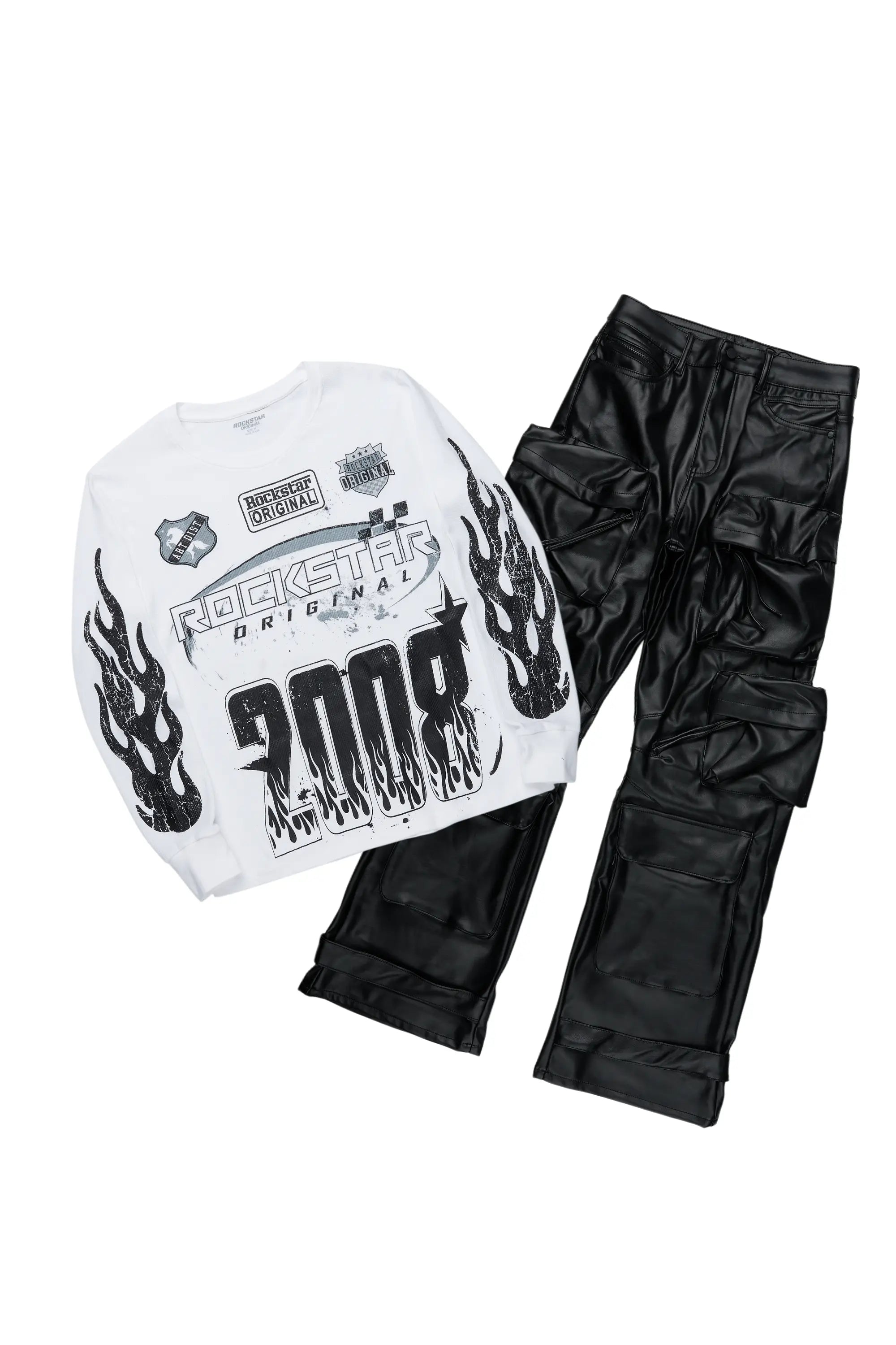 Amos White/Black Thermal T-Shirt & Lenz Baggy PU Jean Bundle Trendy Men's Oversized