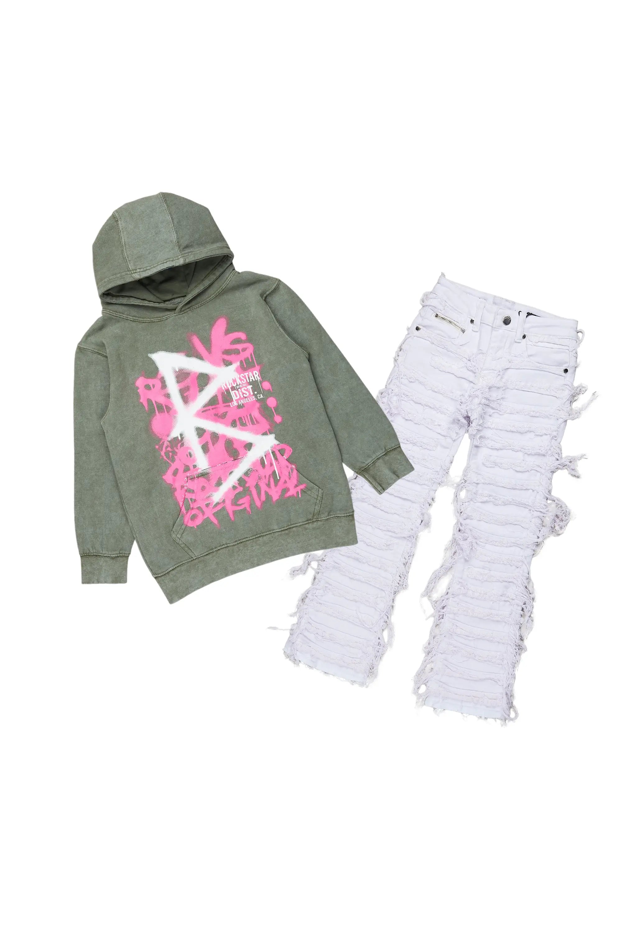 Girls Nahomy Vintage Green Hoodie/Stacked Flare Jean Set Beach