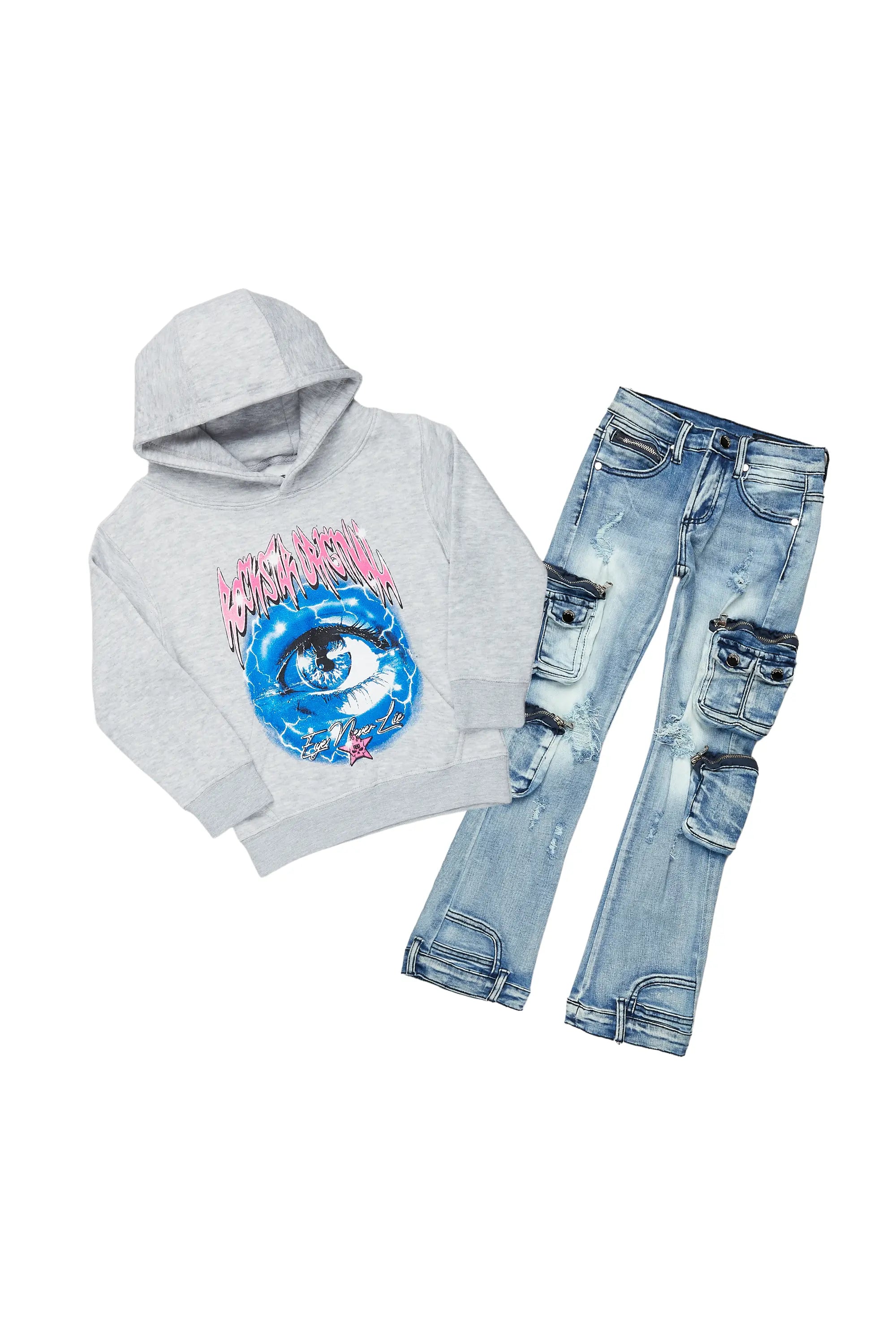 Girls Alie Grey/Blue Hoodie/Stacked Flare Jean Set Modern Men's 