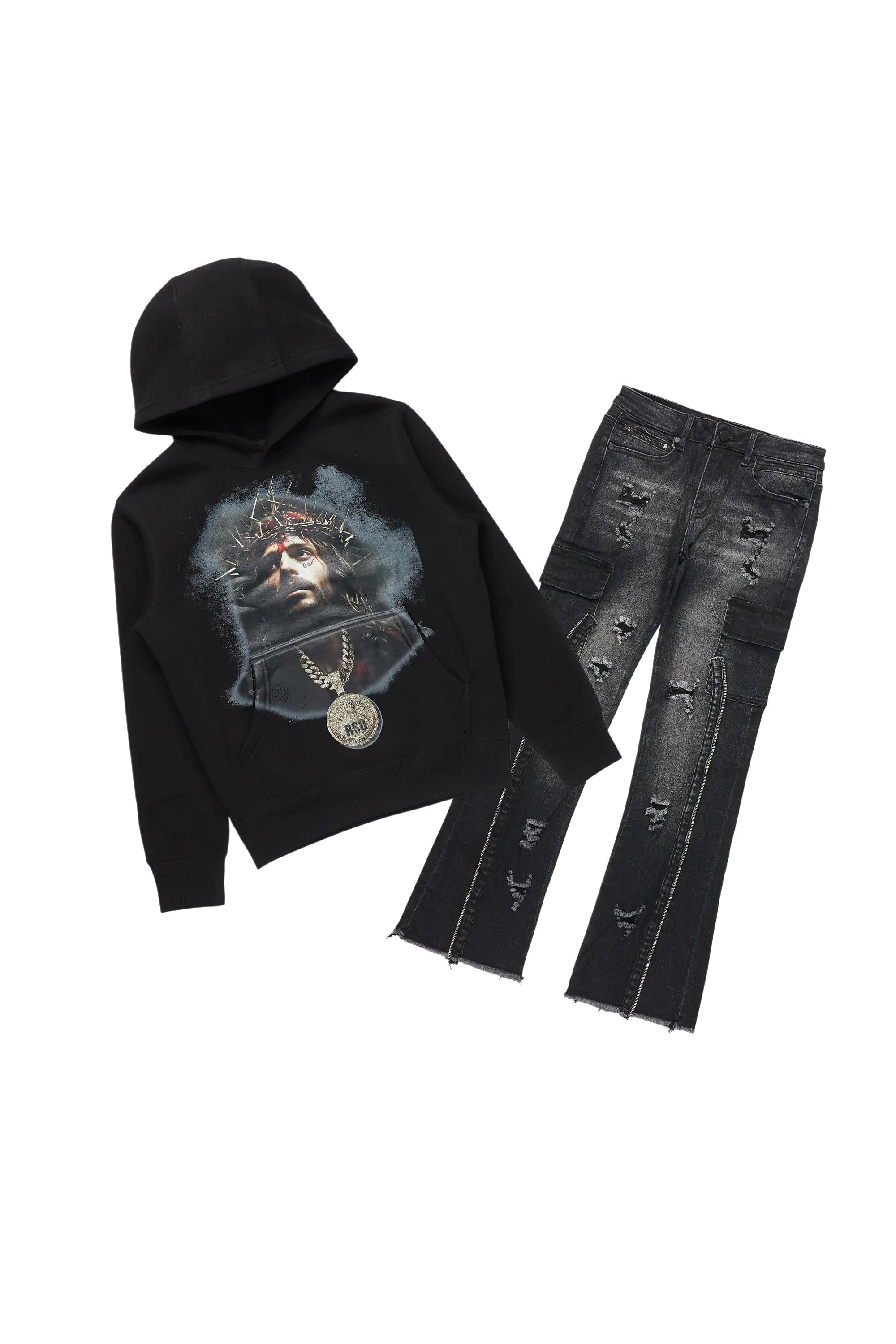 Boys Amina Black/Grey Hoodie/ Stacked Flare Jean Sporty Men's Tennis