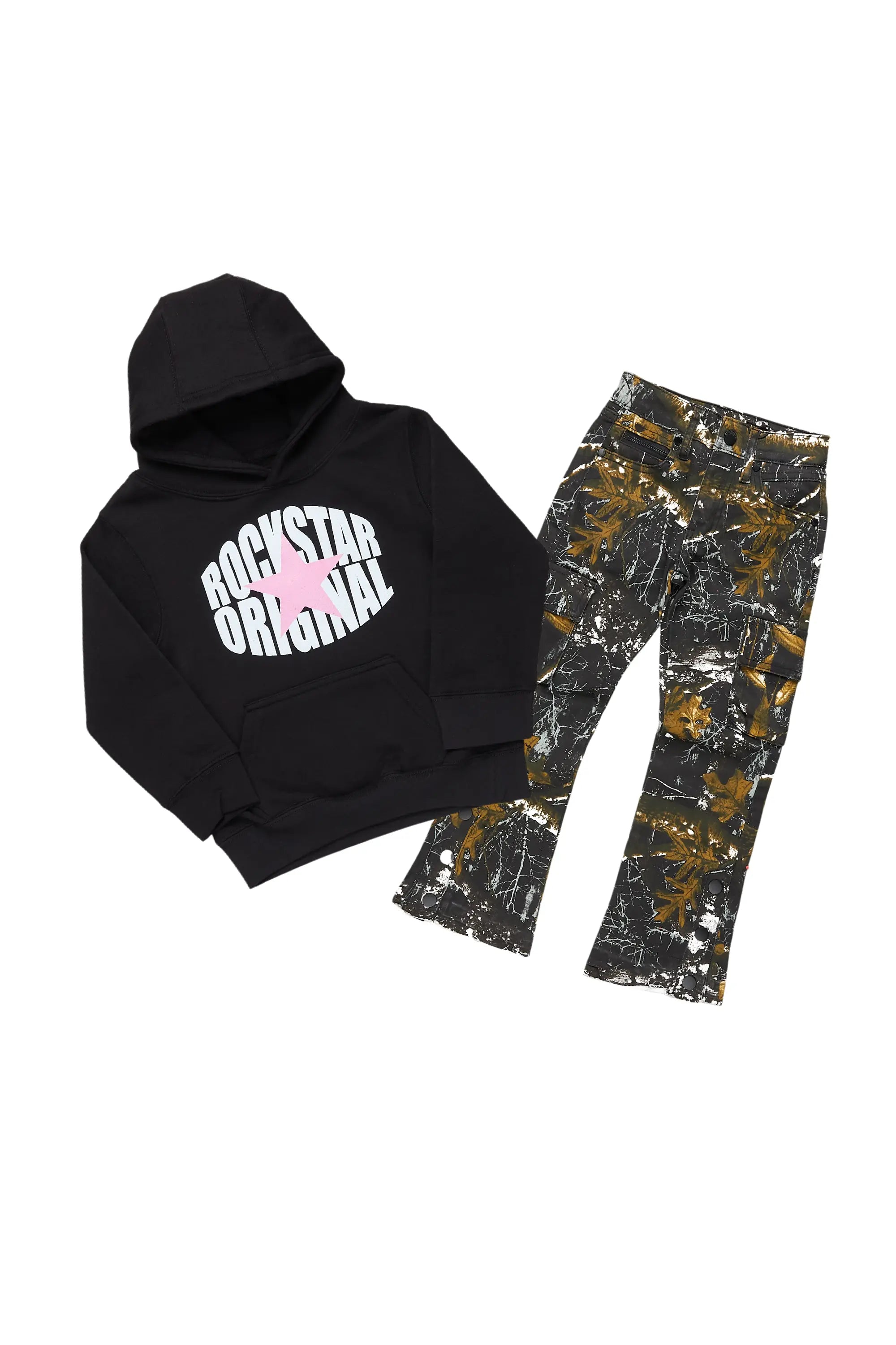 Girls Mia Black Tree Camo Hoodie/Stacked Flare Jean Set Casual Men's Japanese 