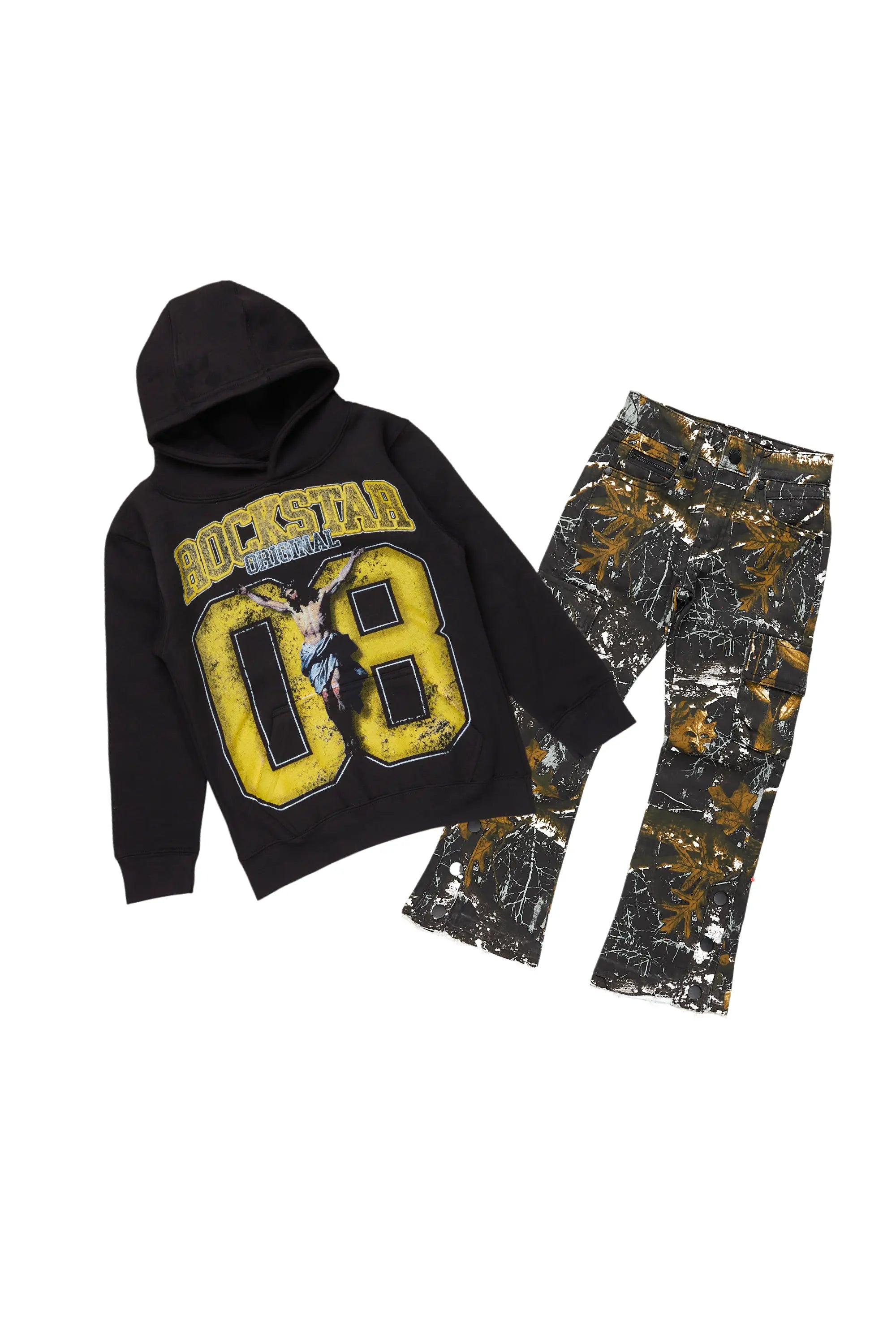 Boys Fields Black Hoodie/Stacked Flare Jean Set Vacation