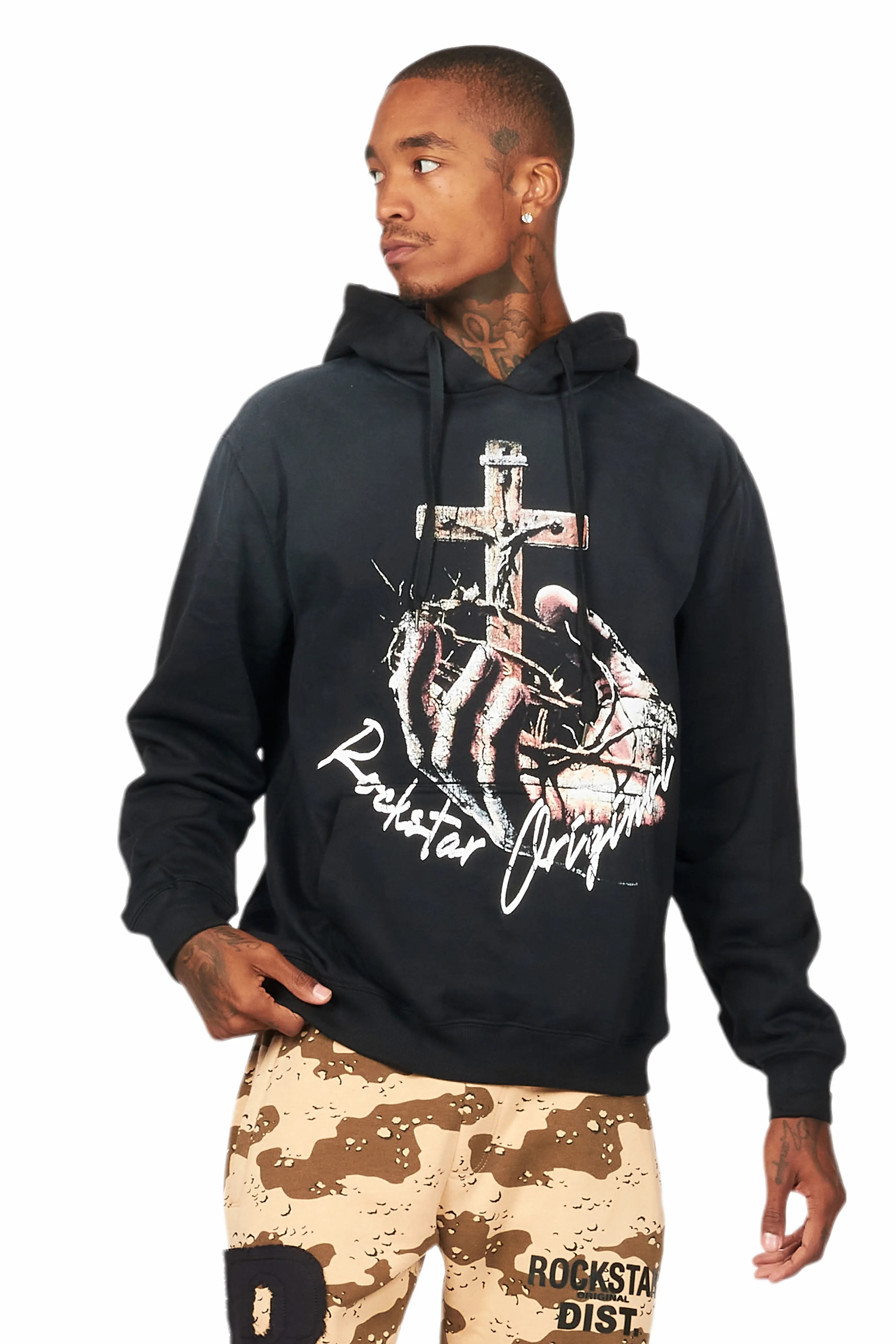 Kateo Black Graphic Distressed Hoodie Unique Men's Patch