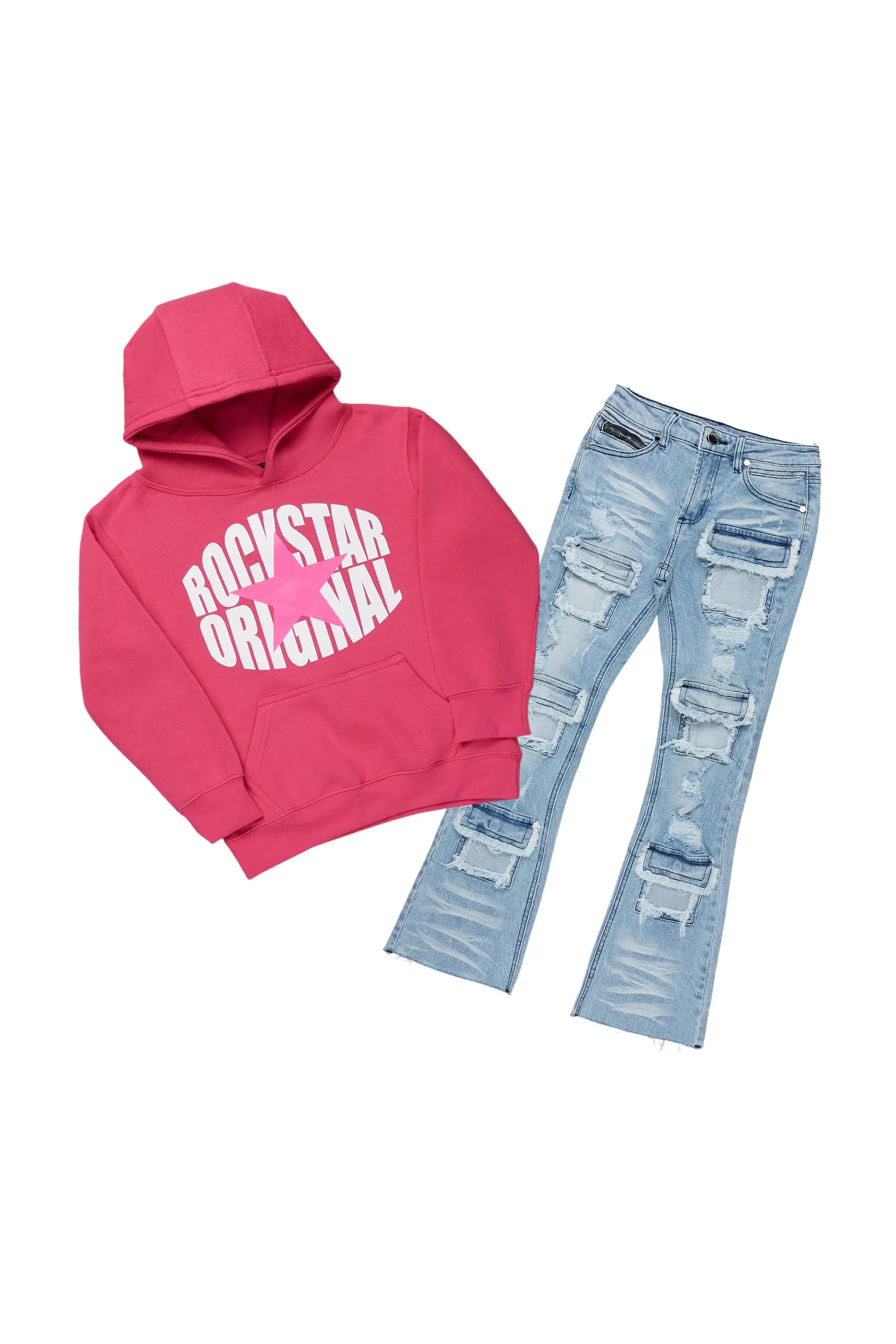 Girls Lucia Pink/Blue Hoodie/Stacked Flare Jean Set Cozy Men's Sherpa