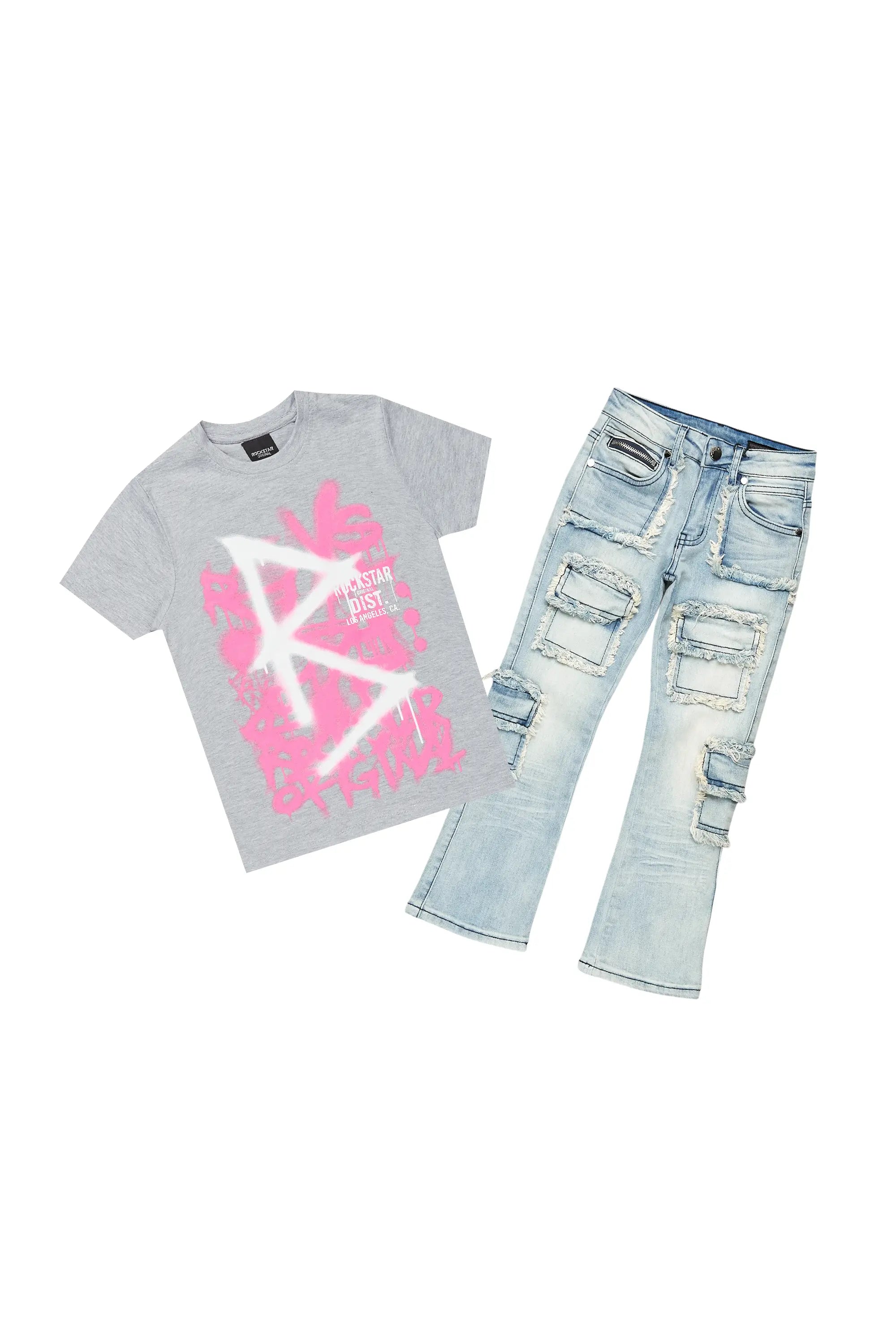 Girls Nahomy Grey T-Shirt/Stacked Flare Jean Set Dynamic Men's Moto