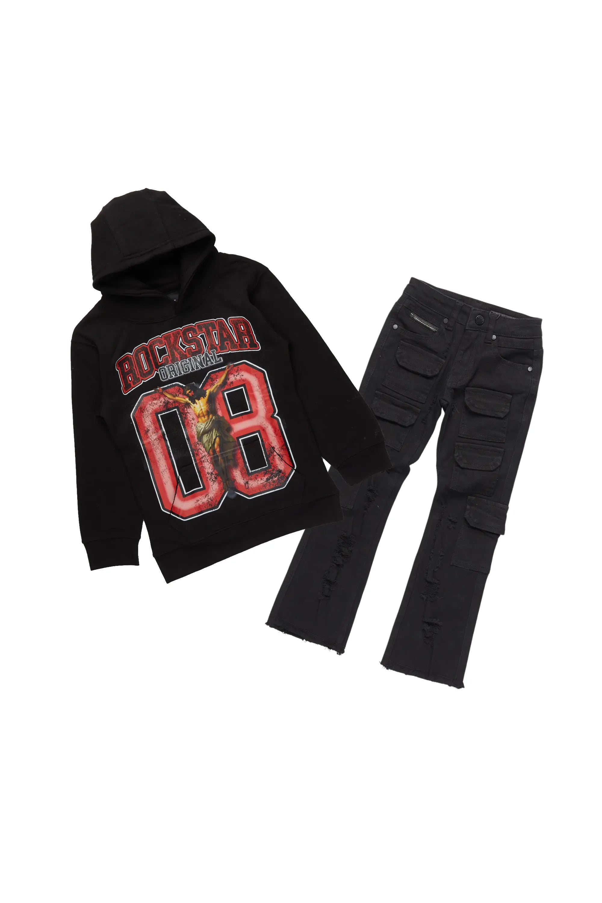 Boys Kiley Black Hoodie/ Stacked Flare Jean Cool Men's Distressed