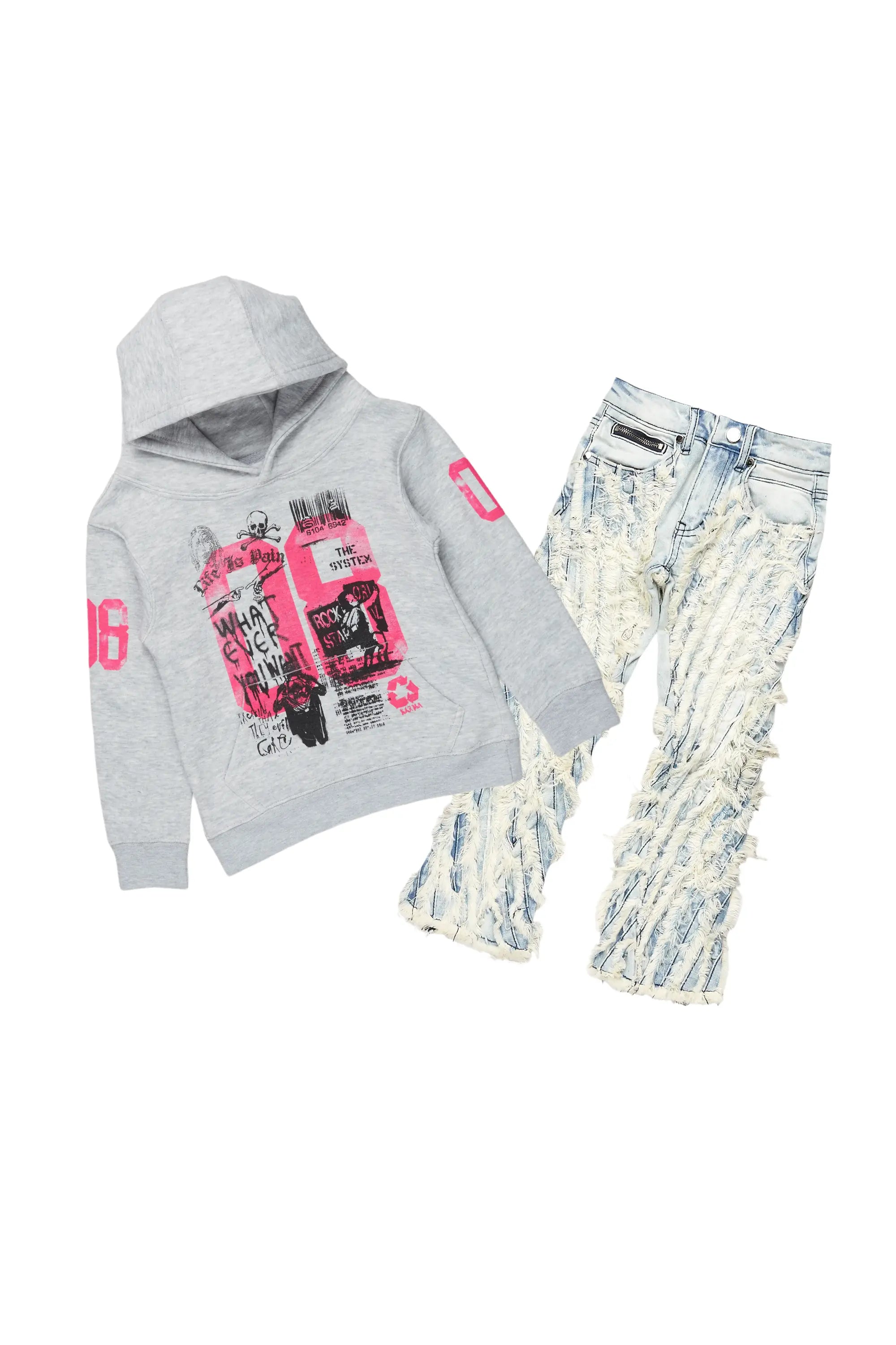 Girls Kammy Grey Hoodie/Stacked Flare Jean Set Artistic Men's Hand