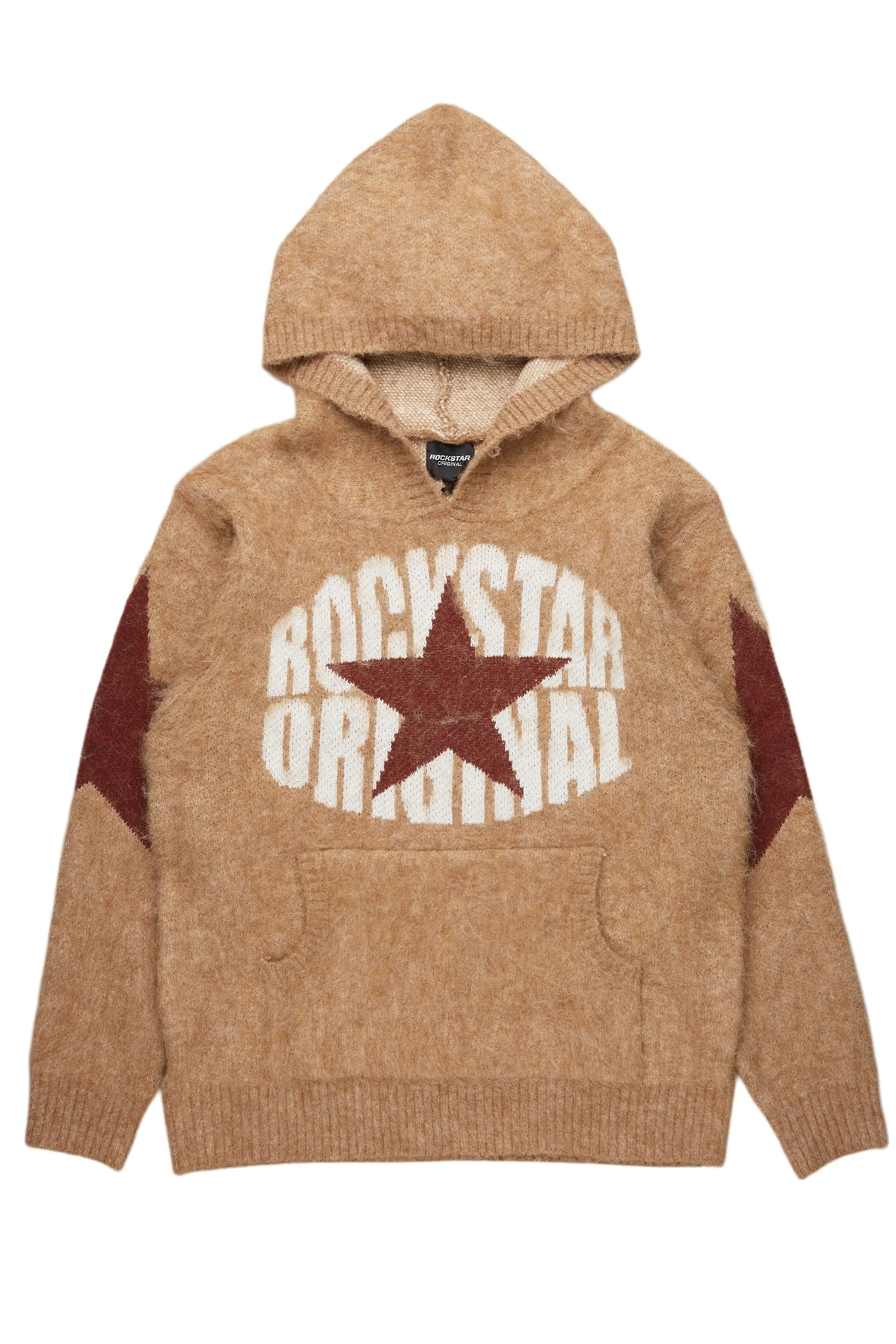 Nasheaka Brown Graphic Knit Hoodie Modern Men's Geometric