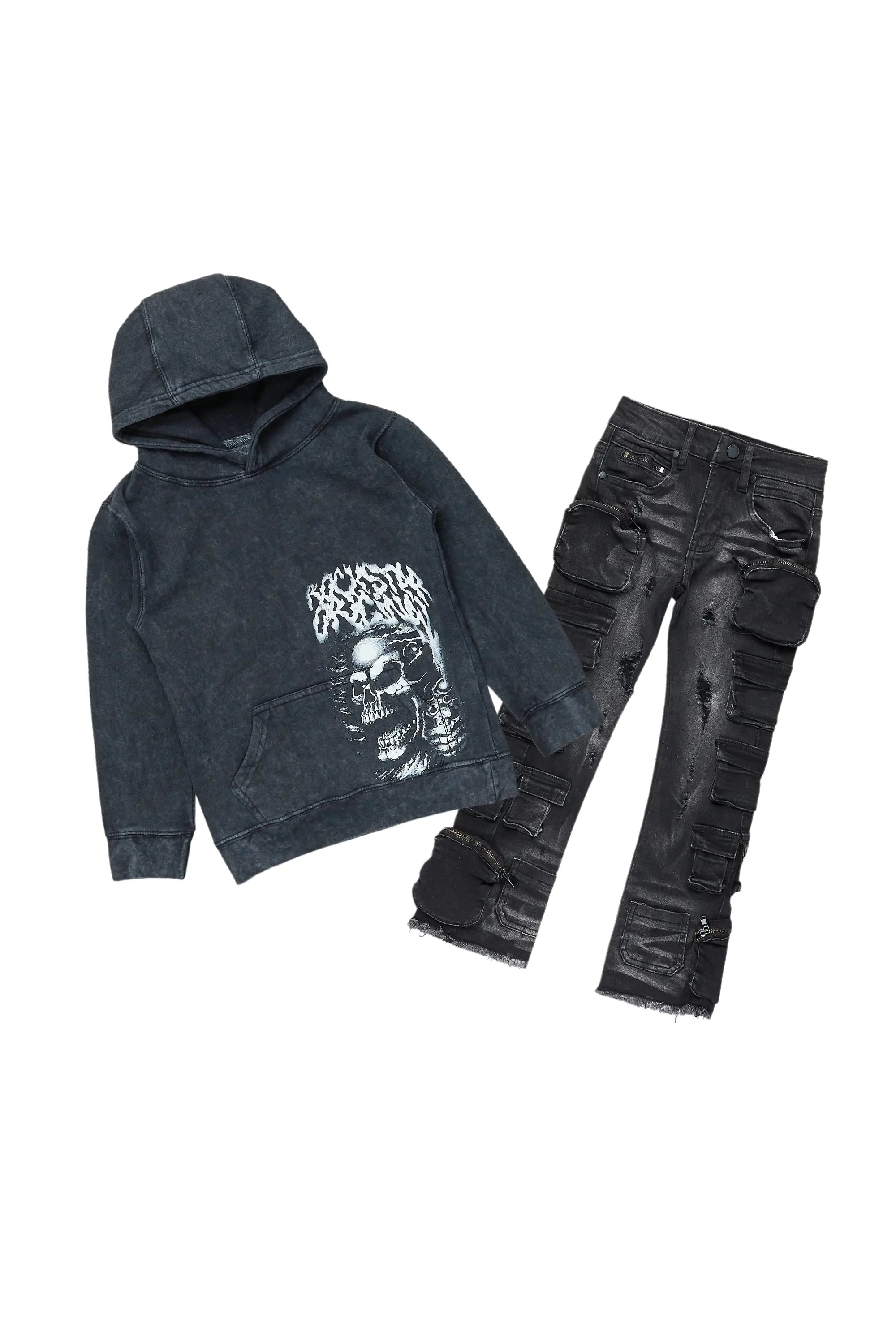 Boys Root Vintage Black Hoodie/Cargo Stack Flare Jean Set Refined Men's Classic 